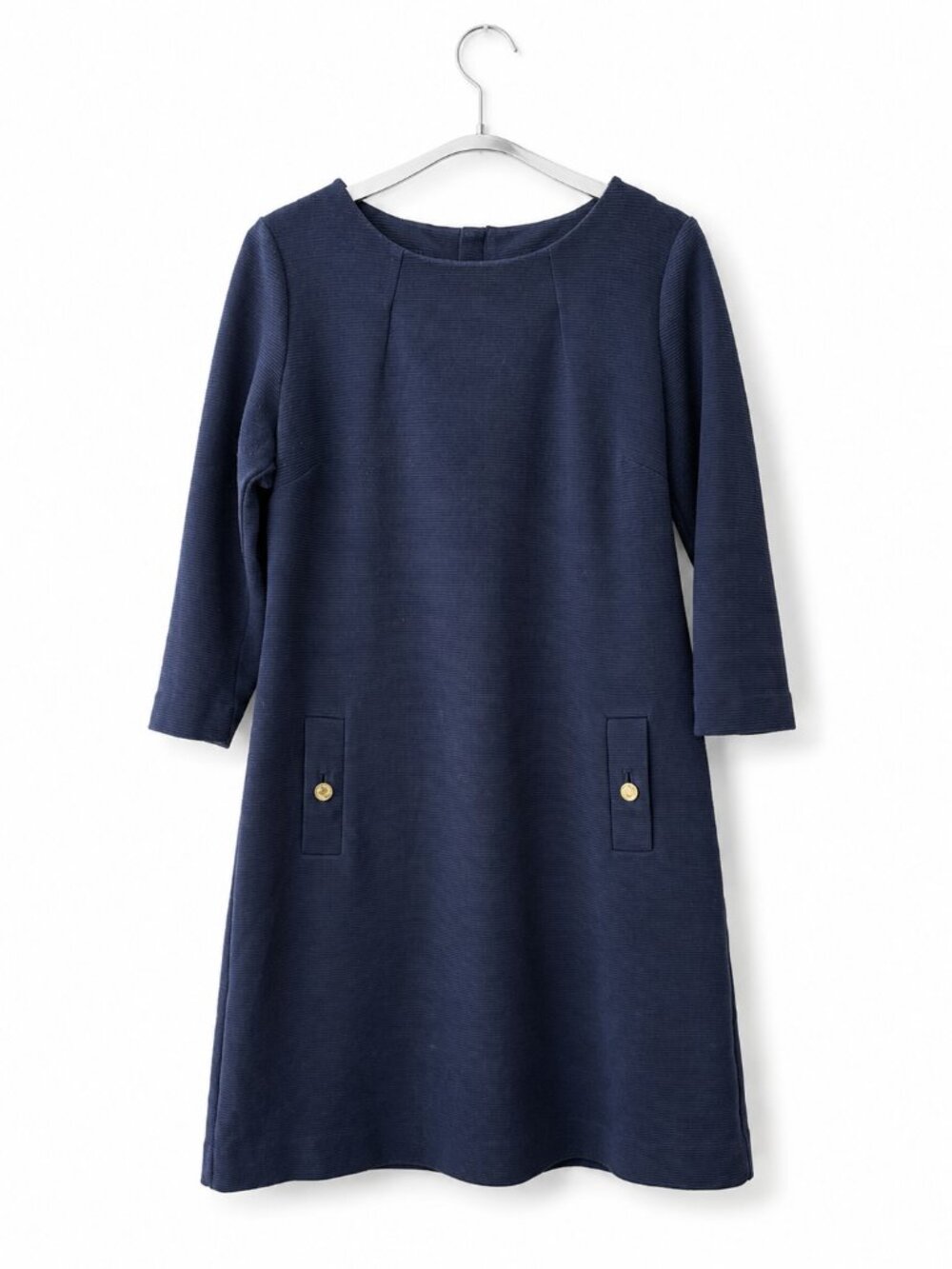 Lilly Pulitzer Navy Blue Shift Dress Gold Buttons 3/4 Sleeve | Size L